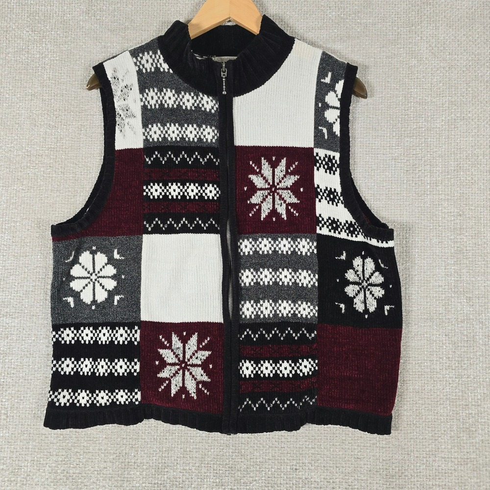Christopher & Banks Womens XL Vintage Patchwork Snowflake Zip Knit Vest